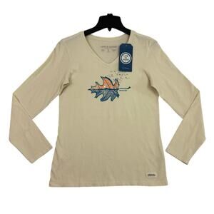 Life is Good Crusher Lite Leaf Tee Small Beige Long Sleeve Fall Shirt N32